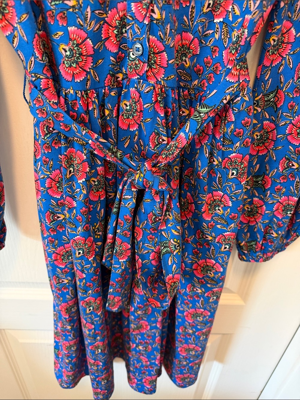 Boden Willow Frill Shirt Dress in a vibrant blue floral pattern. - Picture 4 of 6